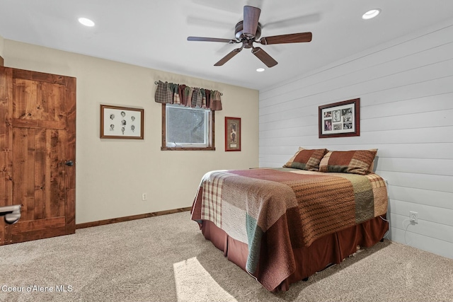 bedroom featuring baseboards, carpet, a ceiling fan, and recessed lighting