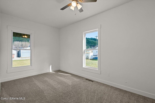 carpeted spare room with plenty of natural light, visible vents, and baseboards