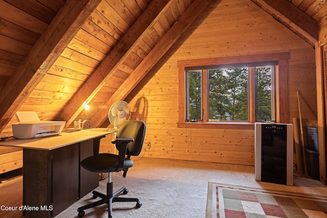 unfurnished office with vaulted ceiling with beams, wooden ceiling, carpet flooring, and wooden walls