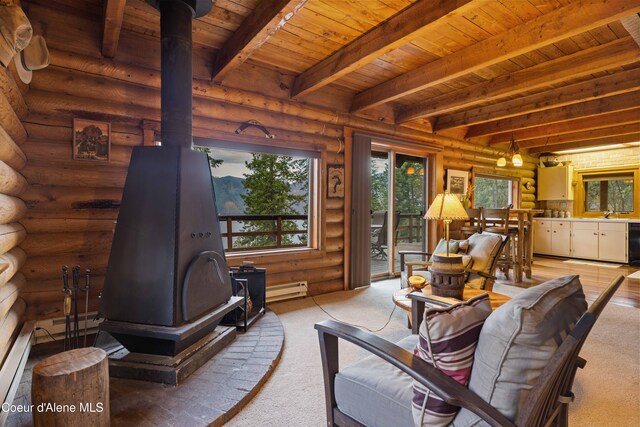 living area with wood ceiling, a wood stove, log walls, baseboard heating, and beam ceiling