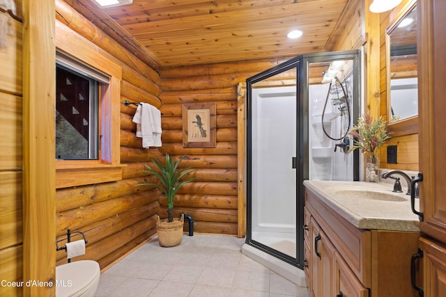 full bath with a stall shower, toilet, wood ceiling, tile patterned floors, and vanity