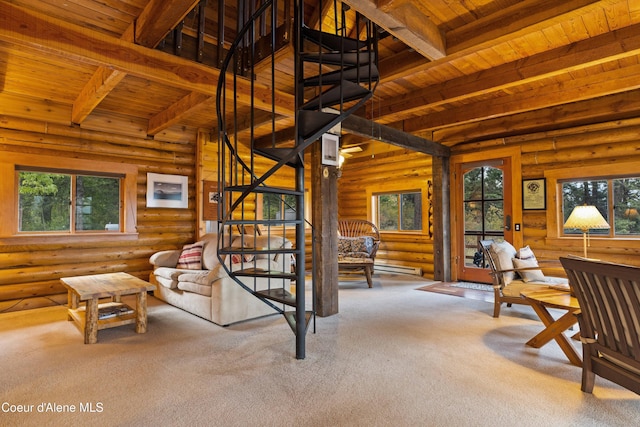 interior space with carpet floors, wood ceiling, beam ceiling, and stairs