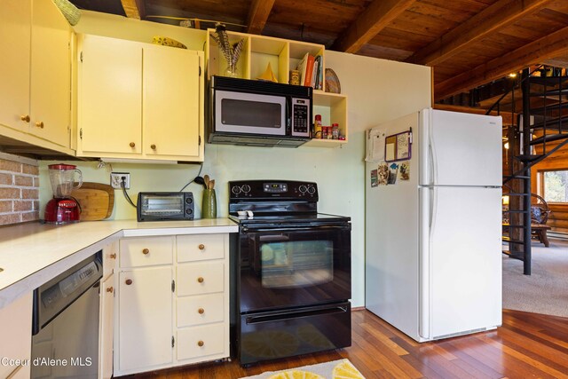 kitchen featuring black range with electric cooktop, light countertops, beam ceiling, freestanding refrigerator, and dishwasher