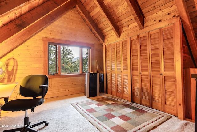 unfurnished office with lofted ceiling with beams, wood walls, wood ceiling, and carpet flooring