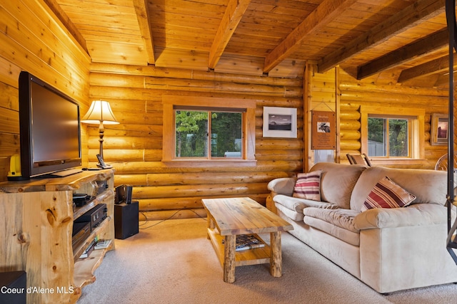 living room with log walls, beam ceiling, carpet flooring, and wood ceiling