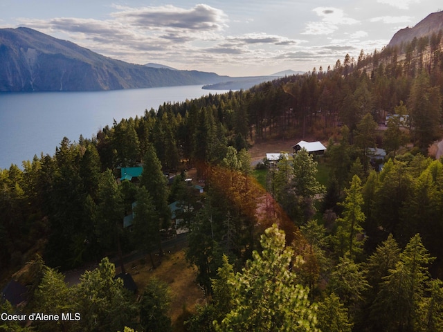 mountain view featuring a water view and a wooded view