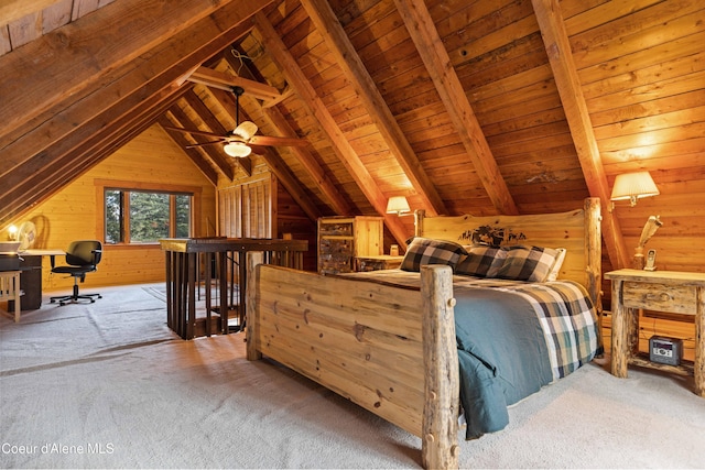 bedroom featuring vaulted ceiling with beams, wooden ceiling, carpet, and wooden walls