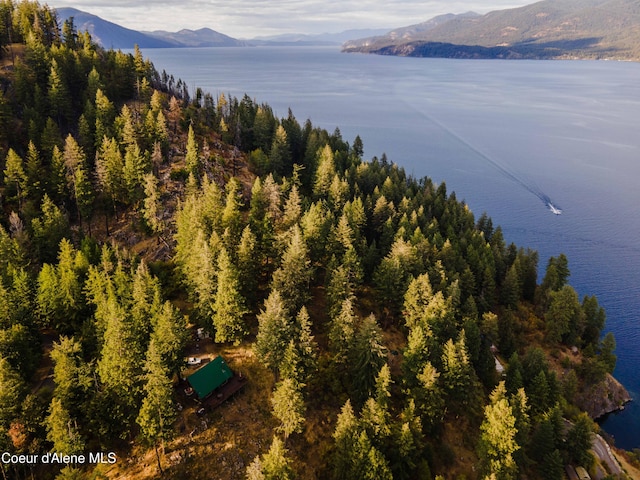 drone / aerial view featuring a water and mountain view