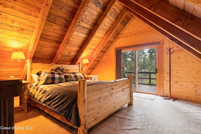 bedroom with wooden ceiling, access to exterior, wooden walls, and lofted ceiling with beams