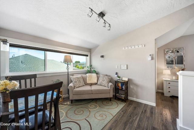 living room with baseboards, a textured ceiling, wood finished floors, and vaulted ceiling