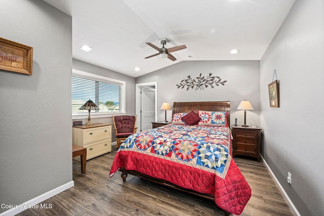 bedroom with vaulted ceiling, a ceiling fan, baseboards, and wood finished floors