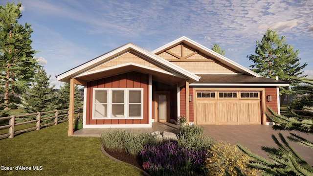 view of front of property with board and batten siding, a front lawn, fence, driveway, and an attached garage