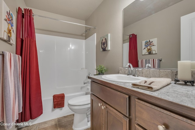 full bathroom with vanity, toilet, tile patterned flooring, and shower / tub combo with curtain