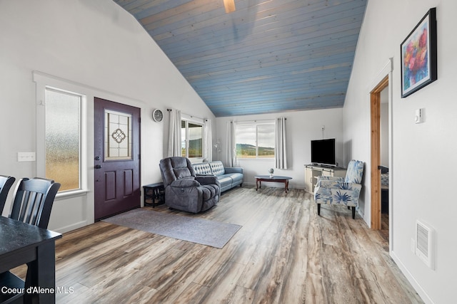 living area with high vaulted ceiling, visible vents, wooden ceiling, and wood finished floors