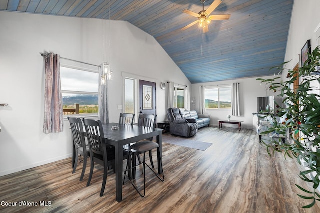 dining area with baseboards, high vaulted ceiling, wood finished floors, and a ceiling fan