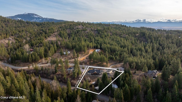 aerial view featuring a mountain view and a forest view