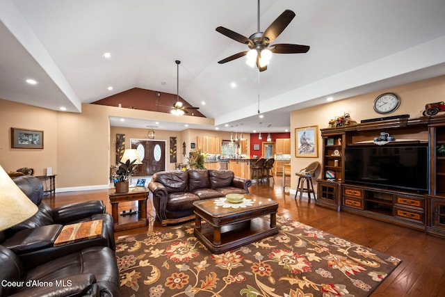 living area with dark wood-style floors, a ceiling fan, baseboards, lofted ceiling, and recessed lighting