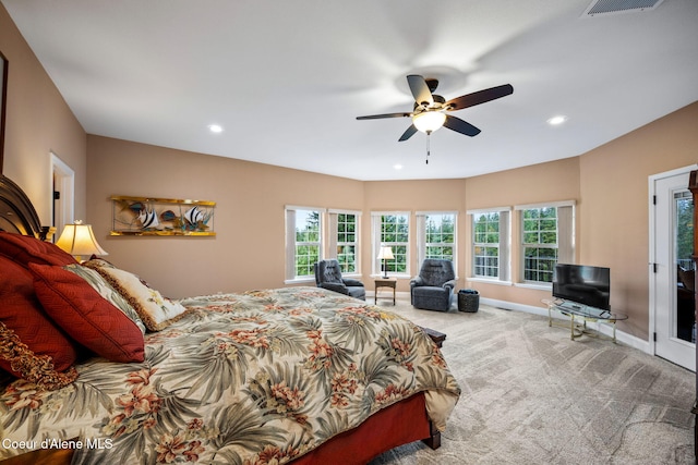 bedroom featuring recessed lighting, carpet flooring, visible vents, and baseboards