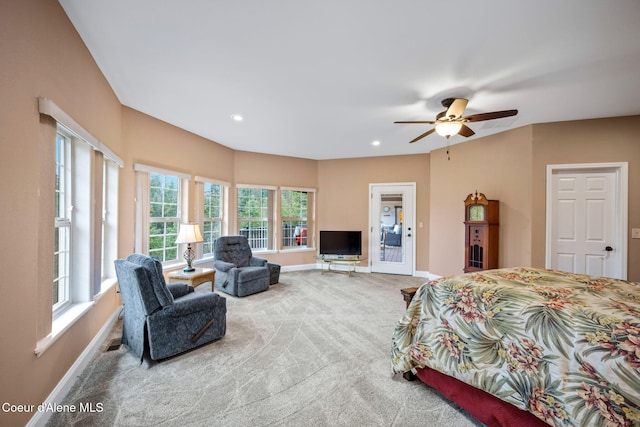 bedroom with carpet flooring, recessed lighting, a ceiling fan, and baseboards