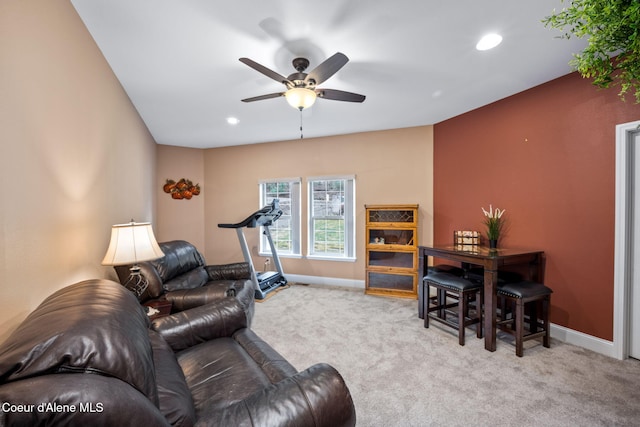 carpeted living room featuring recessed lighting, baseboards, and ceiling fan