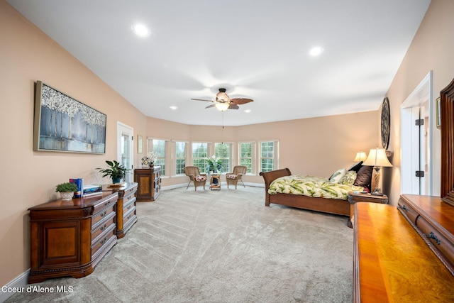 carpeted bedroom with recessed lighting, baseboards, and ceiling fan