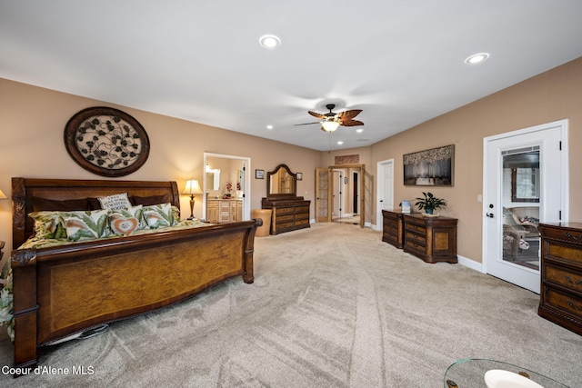 bedroom featuring recessed lighting, baseboards, carpet, and a ceiling fan