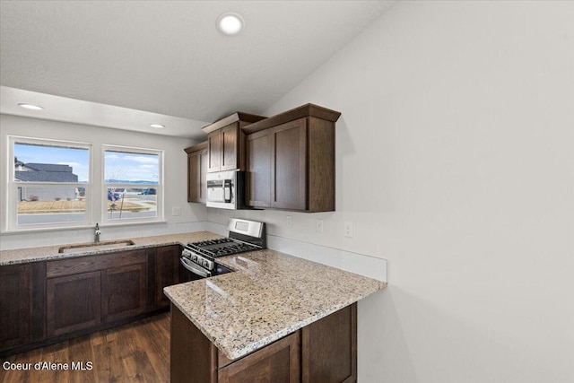 kitchen with dark wood-type flooring, dark brown cabinetry, lofted ceiling, stainless steel appliances, and a sink