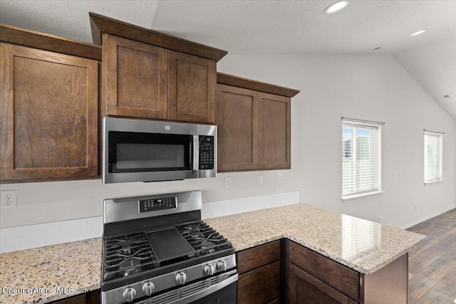 kitchen with light stone counters, wood finished floors, lofted ceiling, a peninsula, and appliances with stainless steel finishes