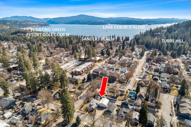 birds eye view of property featuring a water and mountain view