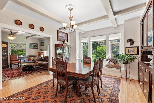 924 E Front Ave, Coeur Dalene, ID 83814 - dining space featuring beam ceiling, a chandelier, light wood finished floors, and coffered ceiling