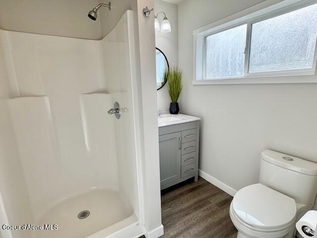 full bath featuring vanity, toilet, wood finished floors, and a shower stall