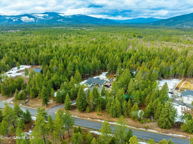 birds eye view of property with a forest view and a mountain view