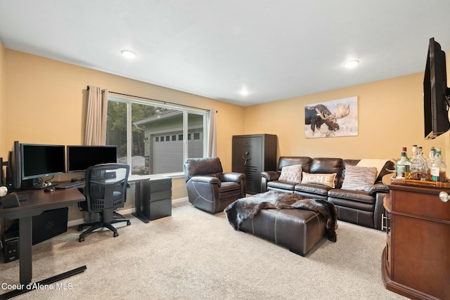 carpeted living room with recessed lighting and baseboards