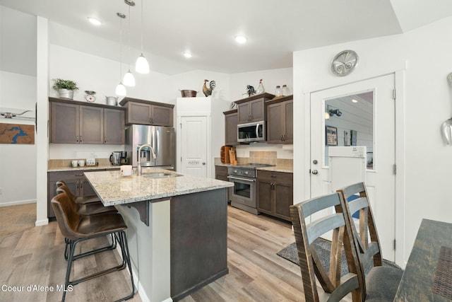 kitchen featuring dark brown cabinets, appliances with stainless steel finishes, light wood-type flooring, and a sink