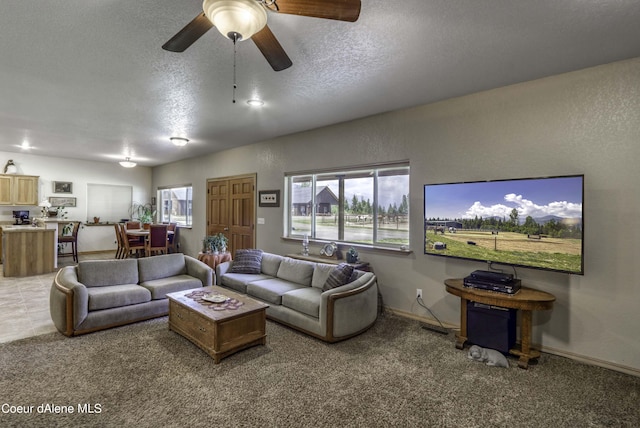 living room with a ceiling fan, carpet, baseboards, a textured ceiling, and a textured wall