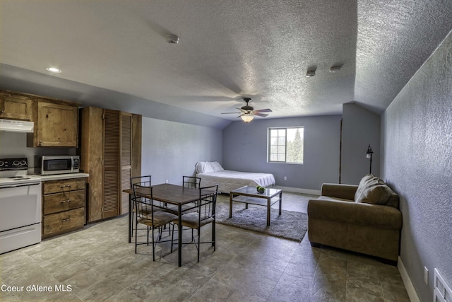 interior space featuring lofted ceiling, a textured wall, baseboards, and a textured ceiling