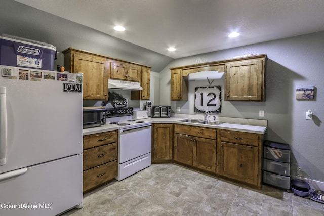 kitchen featuring white appliances, recessed lighting, a sink, light countertops, and under cabinet range hood