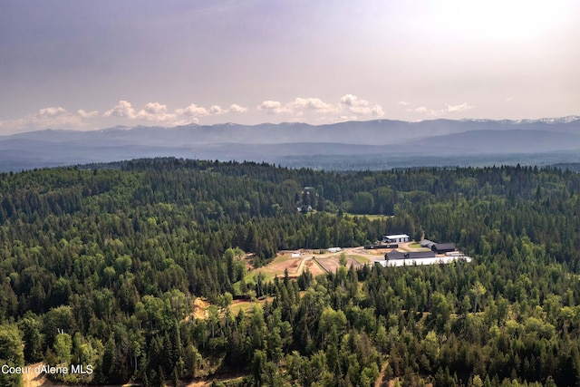 birds eye view of property featuring a mountain view and a view of trees