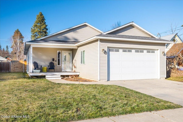 ranch-style house with fence, an attached garage, covered porch, concrete driveway, and a front lawn