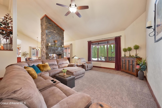 living room featuring baseboards, carpet, high vaulted ceiling, and ceiling fan with notable chandelier