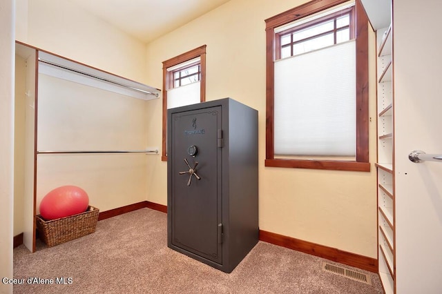 interior space featuring visible vents, baseboards, and carpet flooring