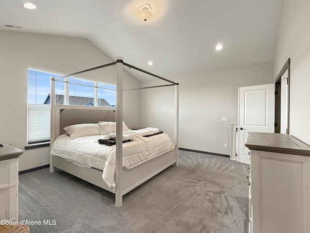 bedroom with visible vents, light carpet, recessed lighting, baseboards, and vaulted ceiling