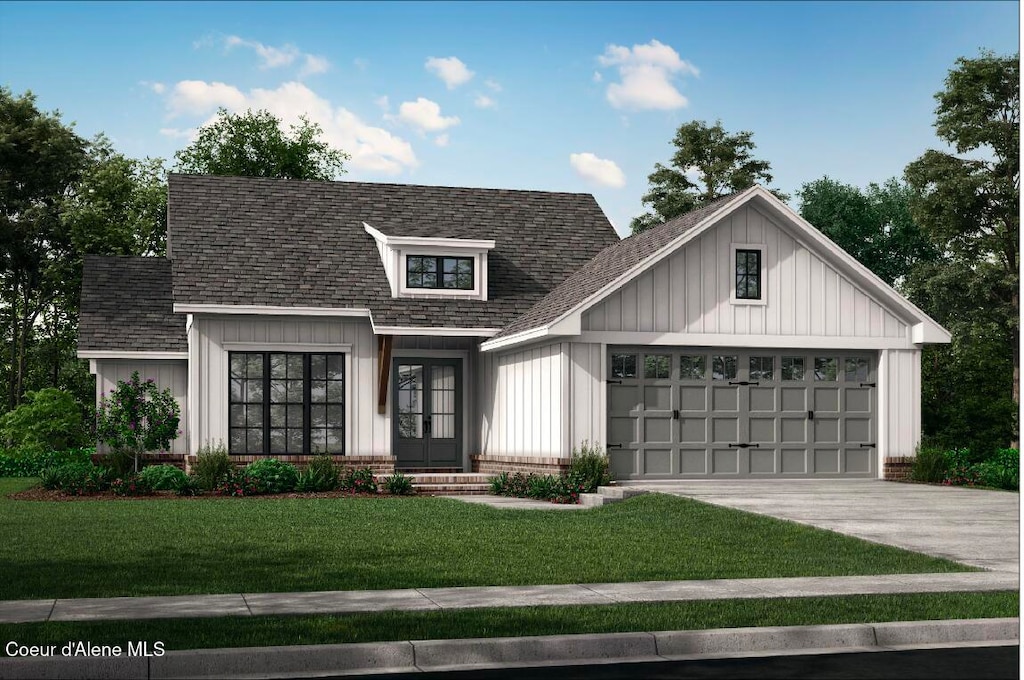 modern inspired farmhouse featuring a shingled roof, concrete driveway, a front lawn, a garage, and board and batten siding