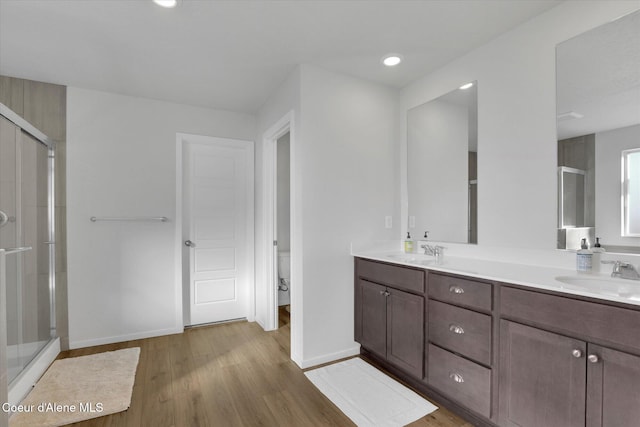 full bath featuring a sink, double vanity, wood finished floors, and a shower stall