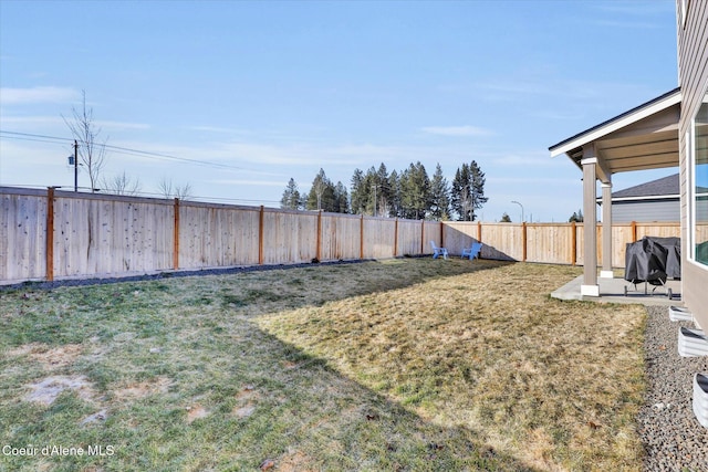 view of yard with a patio area and a fenced backyard