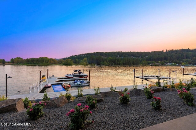 view of yard with a dock and a water view