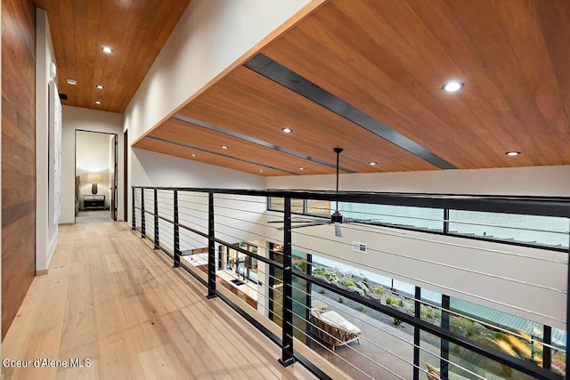 hall with recessed lighting, wood ceiling, and hardwood / wood-style flooring