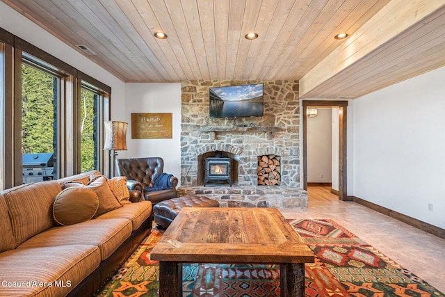 living room with recessed lighting, visible vents, baseboards, and wooden ceiling