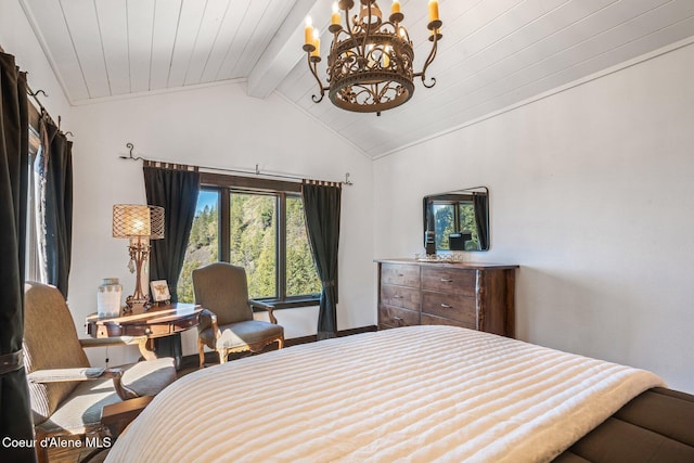 bedroom featuring lofted ceiling with beams and a notable chandelier