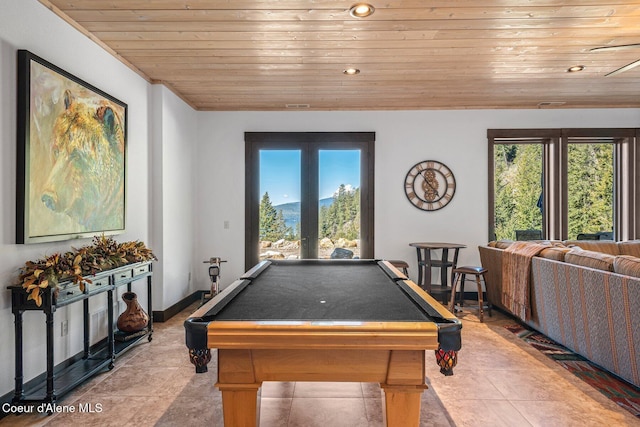 recreation room with billiards, recessed lighting, tile patterned flooring, baseboards, and wood ceiling